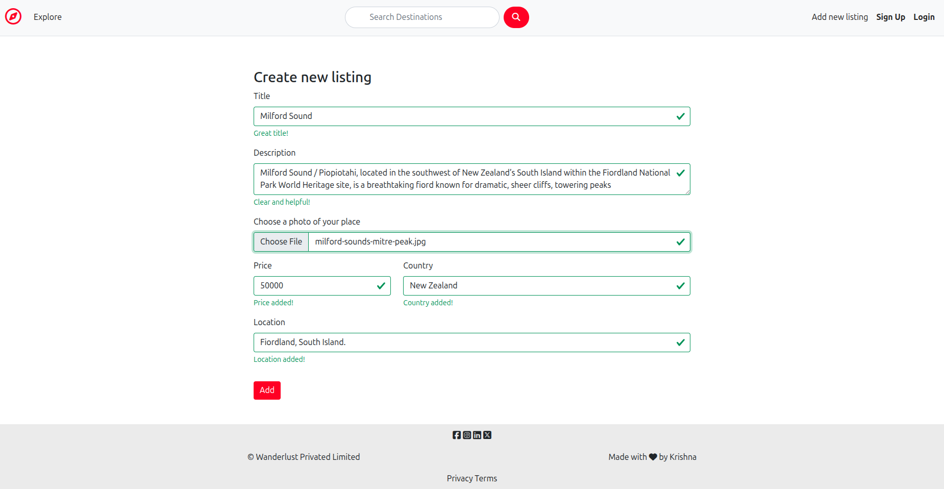 "Create New Listing" form with image upload